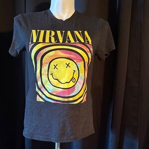 NIRVANA Charcoal Tee with Vibrant Smiley Design